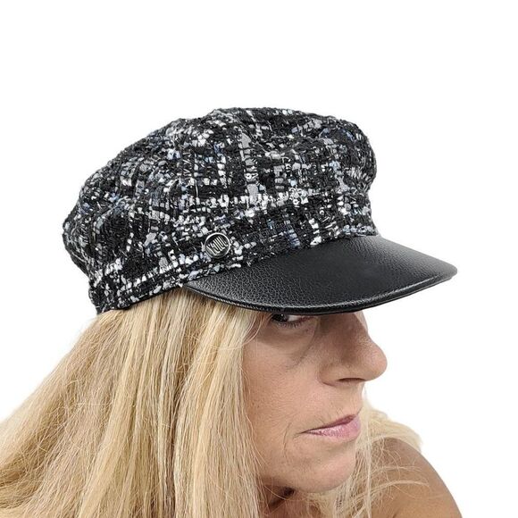 Juicy Couture Newsboy Cabbie Hat‎ Faux Leather Brim Blue Black Metallic Tweed